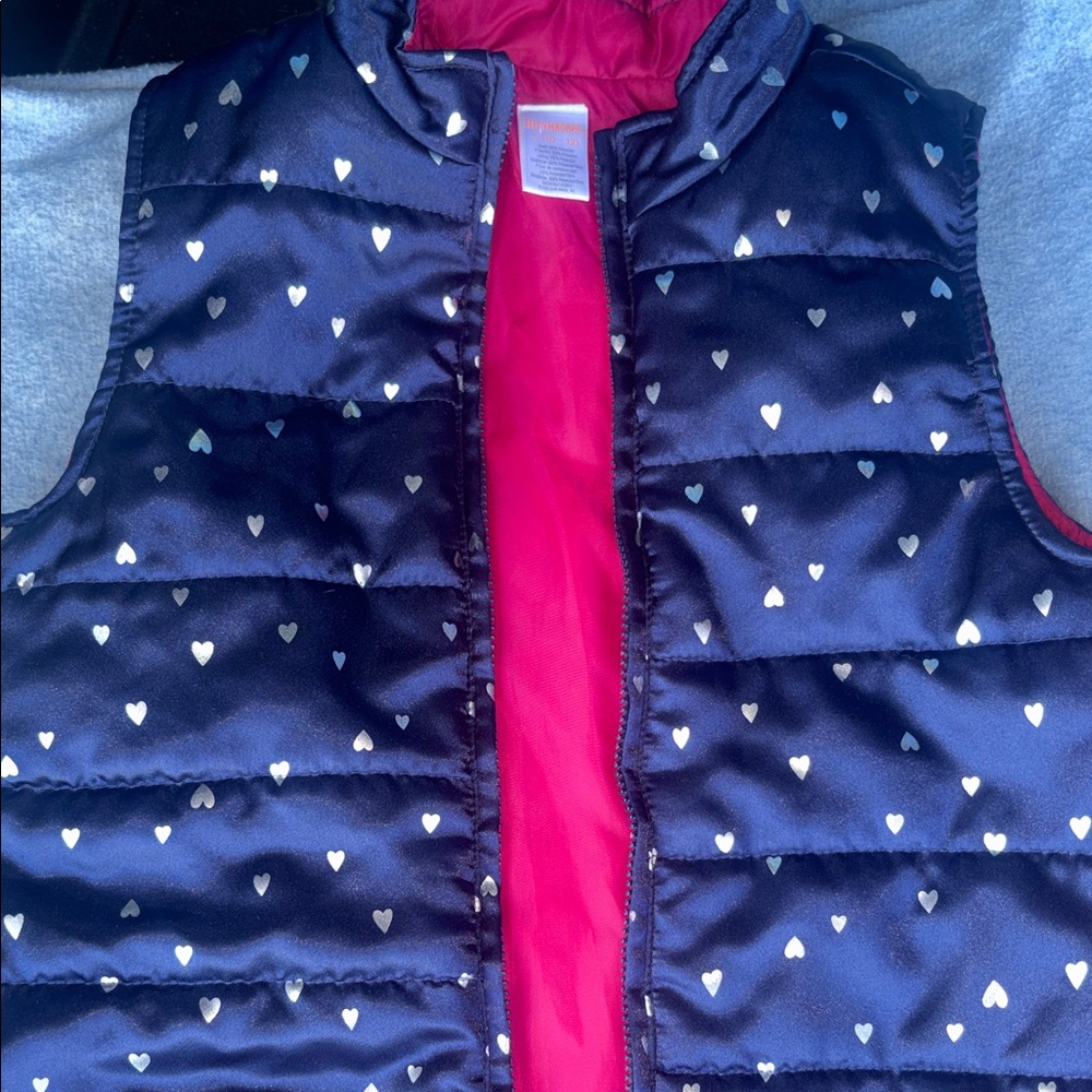Gymboree Navy Heart Print Puffer Vest with Pink Lining size 10-12